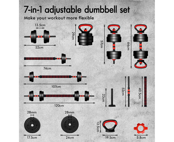 20Kg Dumbbell Set 7In1 Adjustable Barbell Kettlebell Home Gym Fitness